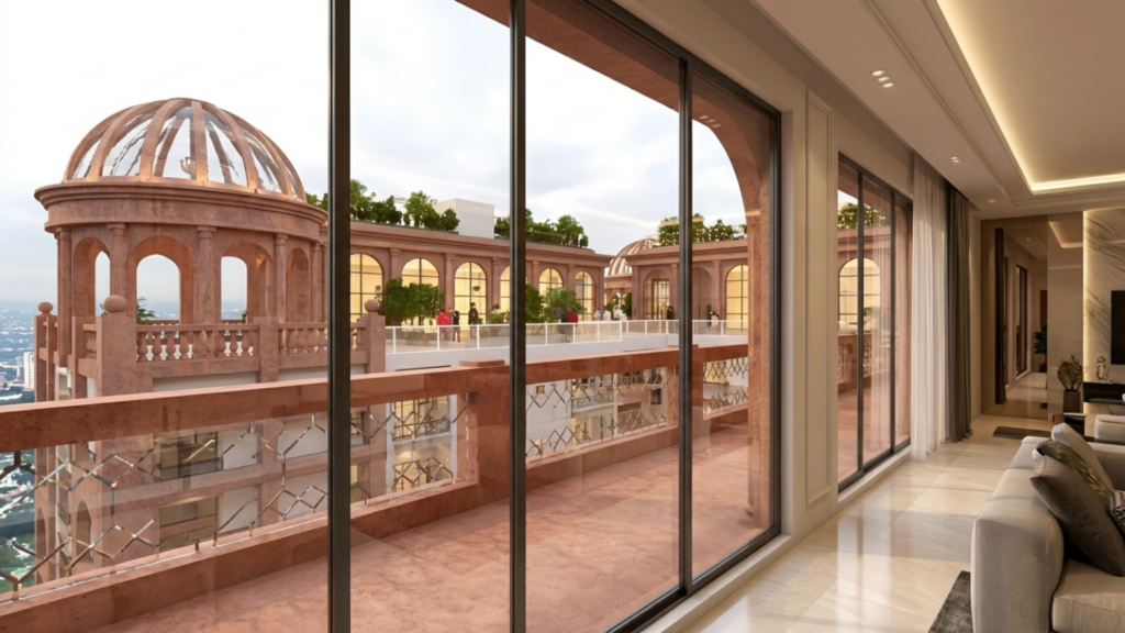Double height reception with RFID security turnstiles and elevators
