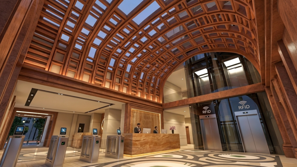 Double height reception with RFID security turnstiles and elevators